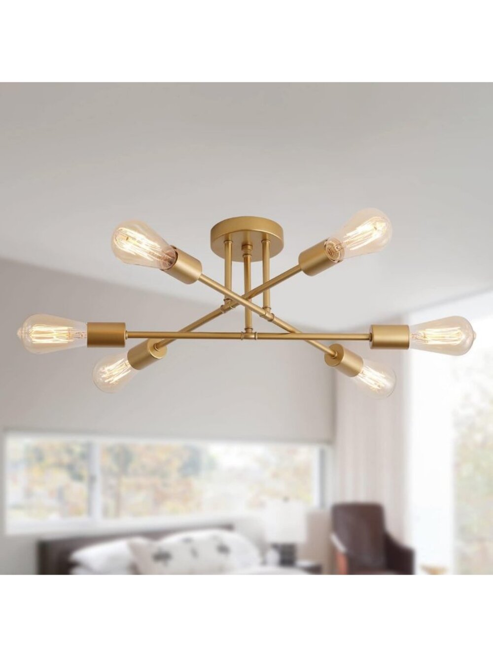 Modern Gold Sputnik Chandelier, 6-Light Industrial Ceiling Fixture for Home